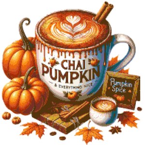 May include: A digital illustration of a fall-themed composition. A large mug of chai pumpkin latte with latte art, surrounded by pumpkins, cinnamon sticks, and autumn leaves. The mug reads "Chai Pumpkin & Everything Nice."