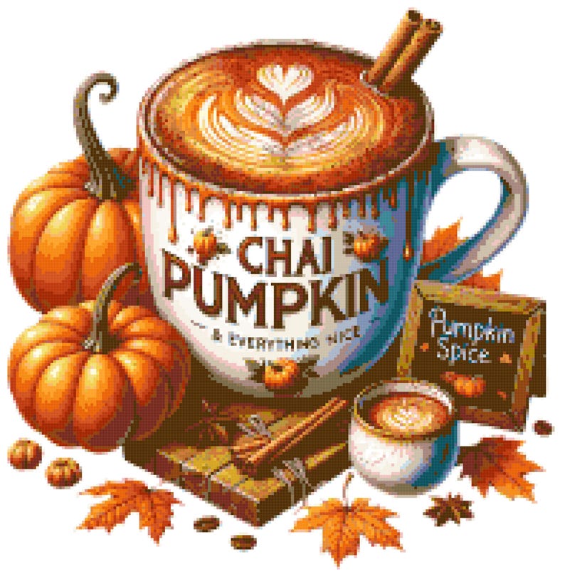 May include: A digital illustration of a fall-themed composition. A large mug of chai pumpkin latte with latte art, surrounded by pumpkins, cinnamon sticks, and autumn leaves. The mug reads "Chai Pumpkin & Everything Nice."