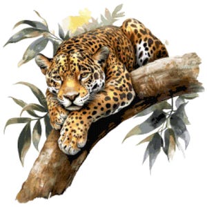 ジャングルの熱帯雨林の枝の上で休むジャガー - 野生動物の大型猫のクロスステッチパターン（PDF）