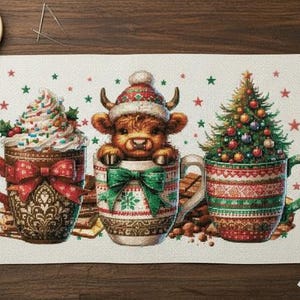 Puede incluir: Un diseño festivo con temática navideña con tres tazas. Una taza tiene crema batida, otra tiene un toro y la última tiene un árbol de Navidad. Las tazas están decoradas con lazos y patrones, con estrellas dispersas.