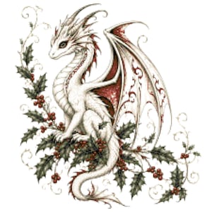 May include: A white dragon with red accents on its wings and back, perched upon a branch of green holly leaves and bright red berries. The dragon has detailed scales, sharp horns, and large wings with intricate dark red patterns on the membranes.