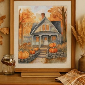 Autumn Cottage Counted Cross Stitch Pattern – Fall House with Pumpkins, Rustic Porch Scene, PNG, Pattern Keeper, Instant Download