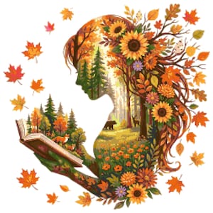 May include: A digital illustration of a woman's silhouette filled with a forest scene, sunflowers, and autumn leaves. She is reading a book with a forest scene. The color palette includes shades of orange, yellow, green, and brown.