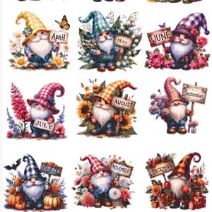 以下が含まれることがあります： 一年間の各月を表す12体のノームを特徴とするクロスステッチパターンセット。 各ノームは月の名前が書かれた看板を持ち、季節の花に囲まれています。 パターンは15.24 cm x 15.24 cmです。