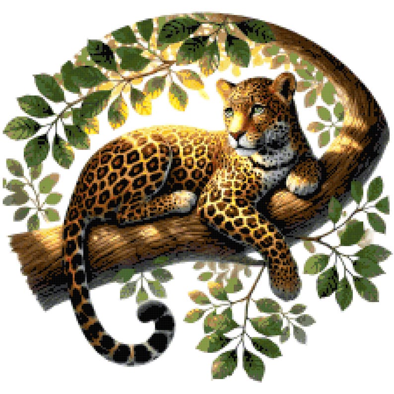 May include: A detailed illustration of a leopard resting on a tree branch, surrounded by green and yellow leaves. The leopard has a spotted coat in shades of brown and gold, with green eyes. The artwork is set against a white background.
