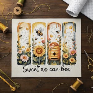 Puede incluir: Una impresión decorativa en lienzo con un diseño temático de abejas. La obra de arte incluye abejas, girasoles, una colmena y el texto "Sweet as can bee". La paleta de colores incluye amarillo, naranja y verde.