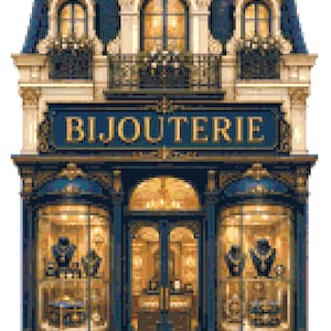 Può includere: Un'illustrazione in pixel art di una vetrina con la parola BIJOUTERIE in lettere dorate su un'insegna blu scuro. L'edificio presenta un tetto a mansarda blu, finestre ad arco e due grandi vetrine che espongono gioielli su supporti.