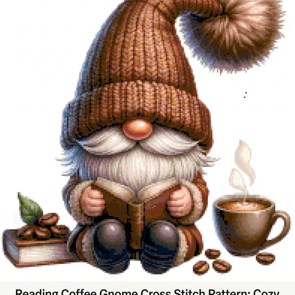 Reading Coffee Gnome Cross Stitch Pattern: Cozy Bookworm (PDF Chart for Pattern Keeper)