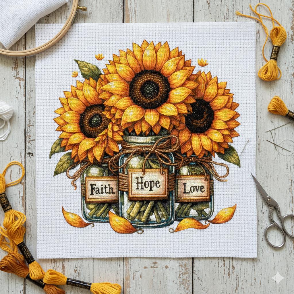 Faith Hope Love Sunflowers in Mason Jars Counted Cross Stitch Pattern ...