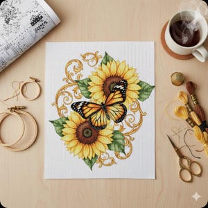 May include: A completed cross-stitch project featuring a monarch butterfly and two sunflowers. The butterfly has orange and black wings, and the sunflowers are yellow and brown. Embroidery supplies, a cup of coffee, and a pattern are also visible.