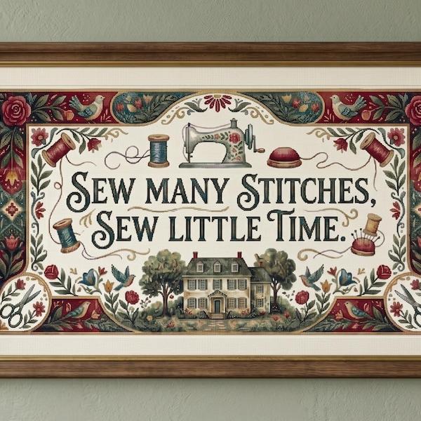 Sew Many Stitches Sew Little Time Counted Cross Stitch PDF Digital Download, Vintage Sewing Room sampler pattern