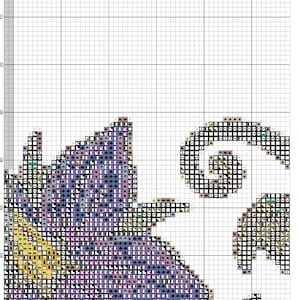 May include: A cross-stitch pattern featuring a floral design with purple, yellow, and green hues. The pattern is set against a white background, with a grid overlay for guidance. The design includes a spiral and leaf-like shapes.