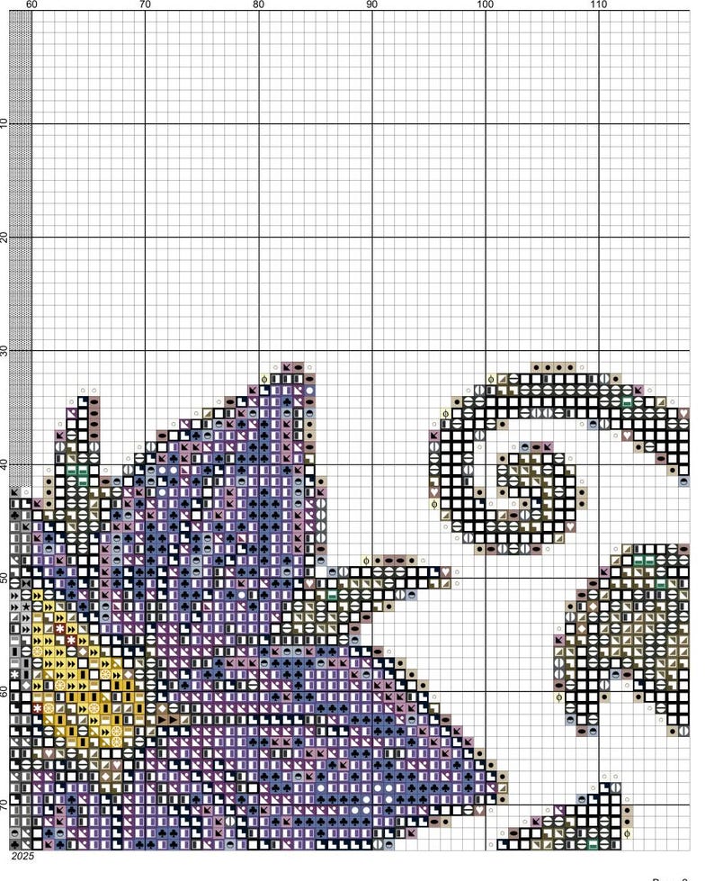 May include: A cross-stitch pattern featuring a floral design with purple, yellow, and green hues. The pattern is set against a white background, with a grid overlay for guidance. The design includes a spiral and leaf-like shapes.