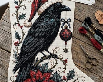 Gothic Christmas Crow Stocking Counted Cross Stitch PDF Digital Download Holiday Pattern
