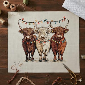 Peut inclure: Motif de point de croix représentant trois vaches des Highlands ornées de guirlandes lumineuses colorées. Les vaches, dans des tons bruns et crème, sont côte à côte sur un fond neutre. Des fournitures de bricolage, comme du fil et des ciseaux, sont visibles.
