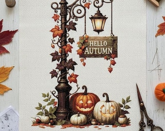 Hello Autumn Lamp Post Pumpkins Counted Cross Stitch Pattern PDF Seasonal Fall Decor