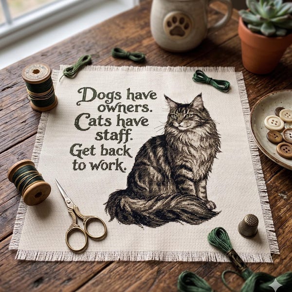 Funny Cat Cross Stitch Pattern, Dogs Have Owners Cats Have Staff Get Back to Work, Counted Cross Stitch, PDF Digital Download