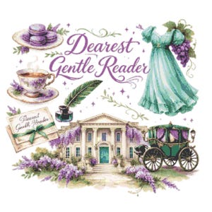 Puede incluir: Ilustración con un vestido turquesa, un carruaje, una mansión y una taza de té. El texto "Dearest Gentle Reader" está en escritura morada. Otros elementos incluyen macarons, una pluma y una carta.