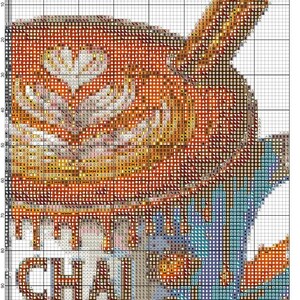 May include: Cross-stitch pattern featuring a detailed illustration of a cup of chai tea. The design uses a variety of warm colors, including orange, brown, and yellow, with the text "CHAI" prominently displayed. The pattern is on a grid.