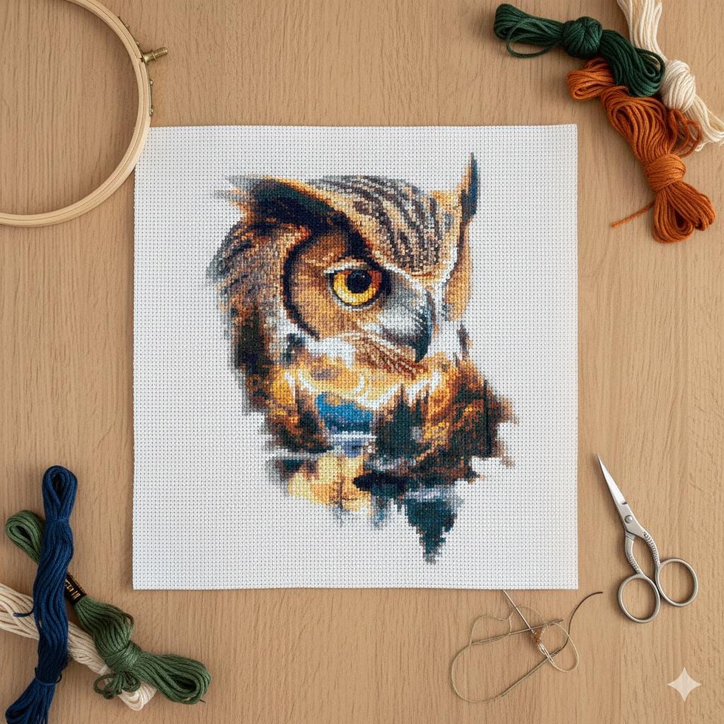 Horned Owl Cross Stitch Pattern, Realistic Bird Portrait (PDF Digital Download)