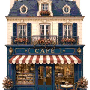 Può includere: Un'illustrazione in pixel art di un edificio adibito a caffè a due piani con facciata blu, una tenda a righe rosse e bianche e la scritta CAFÉ centrata sopra l'ingresso. L'esterno presenta balconi con fioriere, finestre e un tavolino.