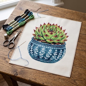 May include: A cross-stitch project on white fabric featuring a green succulent in a blue patterned pot, accompanied by four skeins of embroidery floss in black, grey, blue, and green, a pair of metal scissors, and a silver thimble.