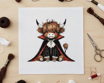 Highland Cow Vampire Cross Stitch Pattern: Halloween Embroidery (PDF)
