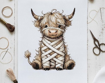 Highland Cow Mummy Cross Stitch Pattern: Halloween Farm Animal (PDF)