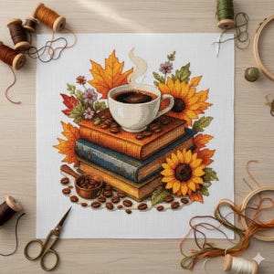Fall Coffee Books Cross Stitch Pattern: Autumn Leaves (Digital Download)