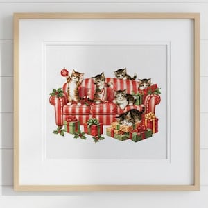Christmas Kittens Cross Stitch Pattern: Holiday Cat Sofa Decor (PDF Chart