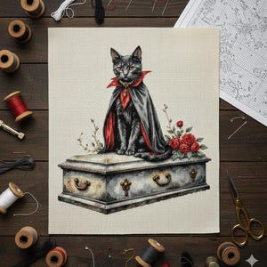 May include: Cross-stitch design featuring a black cat dressed in a vampire cape, seated atop a coffin. The cat wears a red collar and cape lining. Red roses and greenery are at the base of the coffin. Sewing supplies, including spools of thread, surround the design.