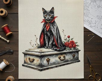 Vampire Cat Cross Stitch Pattern: Gothic Halloween Embroidery (PDF, PNG, Pattern Keeper Compatible)