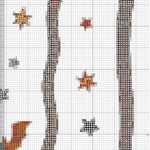 May include: Cross-stitch pattern on a grid, featuring stylized brown and black vertical elements and star-like shapes in various colors. The design is set against a white background, with grid lines visible.