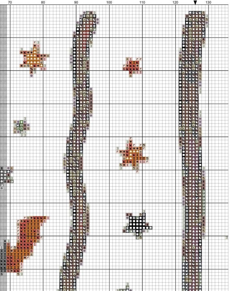 May include: Cross-stitch pattern on a grid, featuring stylized brown and black vertical elements and star-like shapes in various colors. The design is set against a white background, with grid lines visible.