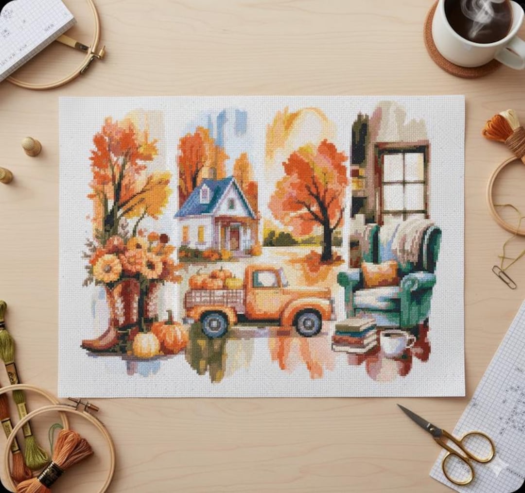 Cozy Season Autumn Harvest Cross Stitch Pattern, Fall Farmhouse Decor ...