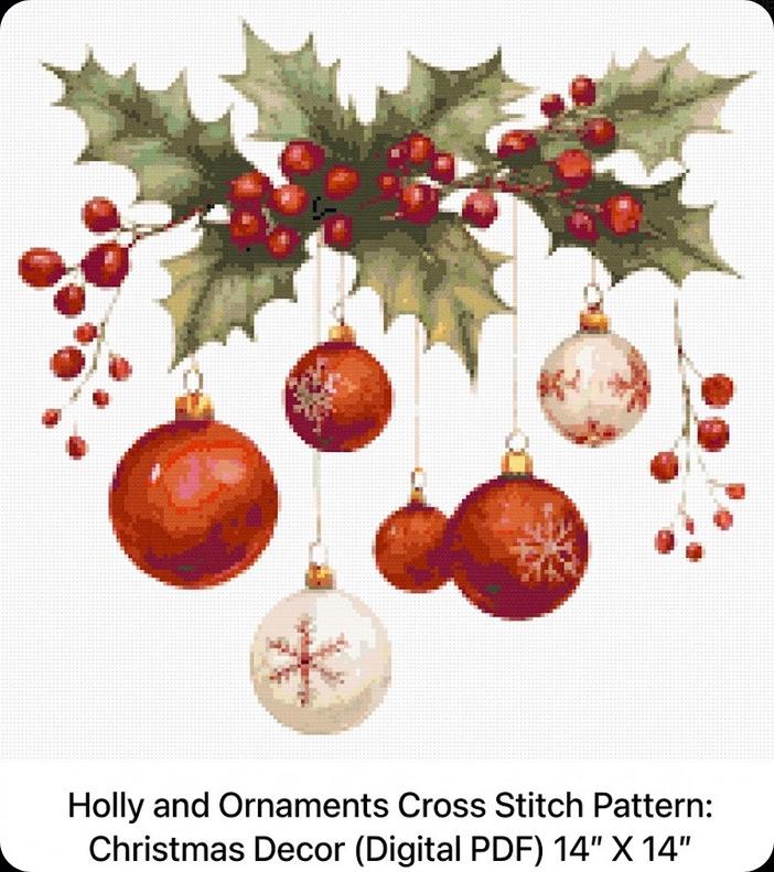 Holly and Ornaments Cross Stitch Pattern: Christmas Decor (digital PDF ...