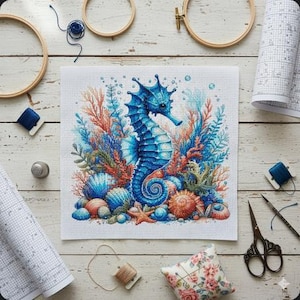 May include: A completed cross-stitch project featuring a vibrant blue seahorse surrounded by coral and seashells. The needlework is on white fabric, with various craft supplies like hoops, thread, and scissors arranged around it. The seahorse design is detailed and colorful.