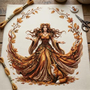 Könnte beinhalten: Ein Kreuzstich-Stickprojekt auf weißem Stoff mit einer zentralen Figur mit langem, fließendem Haar, die ein mit Herbstblättern verziertes Kleid trägt, umgeben von einem Eichenlaubkranz und einem Fuchs, mit Stickgarn und einer Schere daneben.