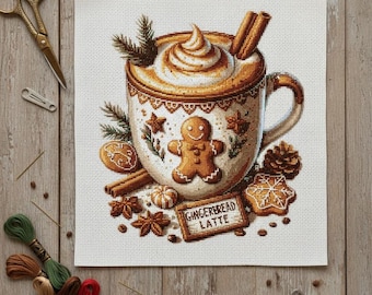 May include: Cross-stitch design of a gingerbread latte. The mug is decorated with a gingerbread man, stars, and floral patterns. Cinnamon sticks, star anise, and a gingerbread cookie surround the mug. The text "GINGERBREAD LATTE" is on a small sign.