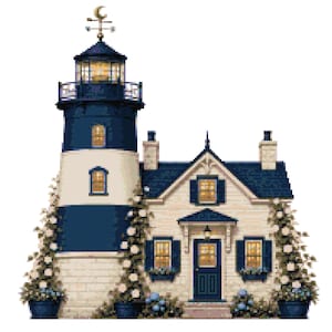 May include: A pixel art illustration of a lighthouse attached to a house. The lighthouse is navy blue and white with a crescent moon weather vane. The house is cream-colored with navy blue shutters, a dark door, and climbing white rose bushes.