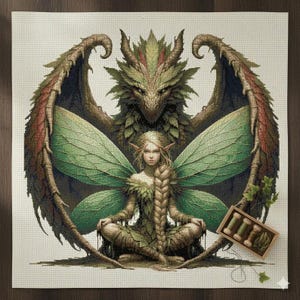 Peut inclure: Motif de point de croix représentant une fée avec des ailes et des vêtements en forme de feuilles, assise devant un dragon. Le dragon a des écailles vertes et marron et de grandes ailes. Une boîte en bois avec des bobines de fil est dans le coin inférieur droit.
