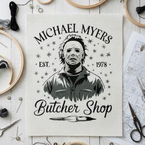 Michael Myers Butcher Shop Counted Cross Stitch PDF Pattern Keeper Horror Halloween Design