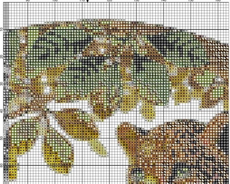May include: A cross-stitch pattern featuring a detailed floral design. The pattern uses a grid of small squares in shades of green, yellow, and brown, creating a textured, pixelated effect. The design appears to be a close-up of leaves and flowers.
