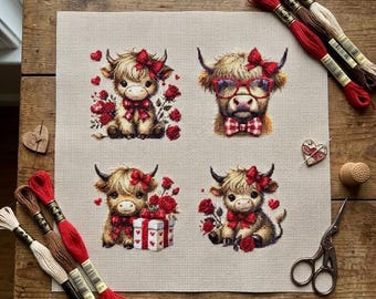 Valentinstag Highland Kuh Kreuzstich-Muster - Herz Set (PDF)