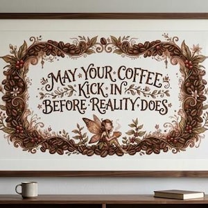 Puede incluir: Una lámina artística enmarcada con el texto "MAY YOUR COFFEE KICK IN BEFORE REALITY DOES" en letras de color marrón oscuro. El texto está rodeado por un borde ornamentado de granos de café y hojas, con una pequeña hada sosteniendo una taza.
