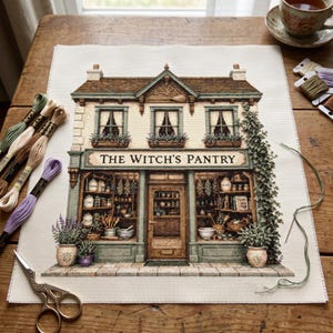 May include: A cross-stitch embroidery project on white fabric depicting a two-story shop with the text THE WITCH'S PANTRY. The design features a brown roof, green trim, windows with curtains, and shelves filled with jars. Embroidery floss and scissors are nearby.