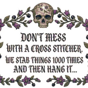May include: A cross-stitch design with a skull at the top and a floral border. The text reads "DON'T MESS WITH A CROSS STITCHER. WE STAB THINGS 1000 TIMES AND THEN HANG IT..." in a gothic font.