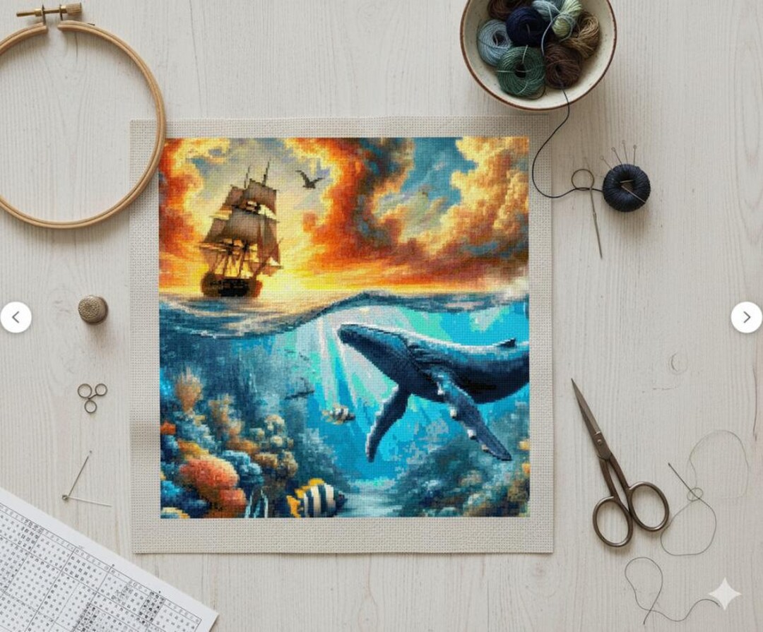Ocean Whale & Ship Cross Stitch Pattern: Sunset Seascape (PDF Pattern ...