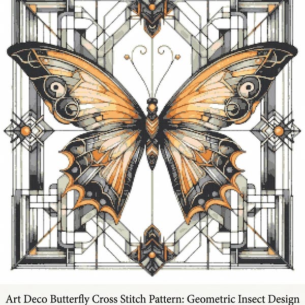 Peut inclure: Un modèle de point de croix représentant un grand papillon aux ailes orange, noires et blanches centré dans un cadre géométrique. Le texte ci-dessous indique : Art Deco Butterfly Cross Stitch Pattern: Geometric Insect Design (PDF Download, Pattern Keeper Compatible) 50,8 cm X 50,8 cm.
