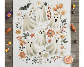 Floral Ghost Counted Cross Stitch Pattern – Cute Halloween Spirits, Autumn Flowers, PNG, Pattern Keeper, 245x300 Stitches
